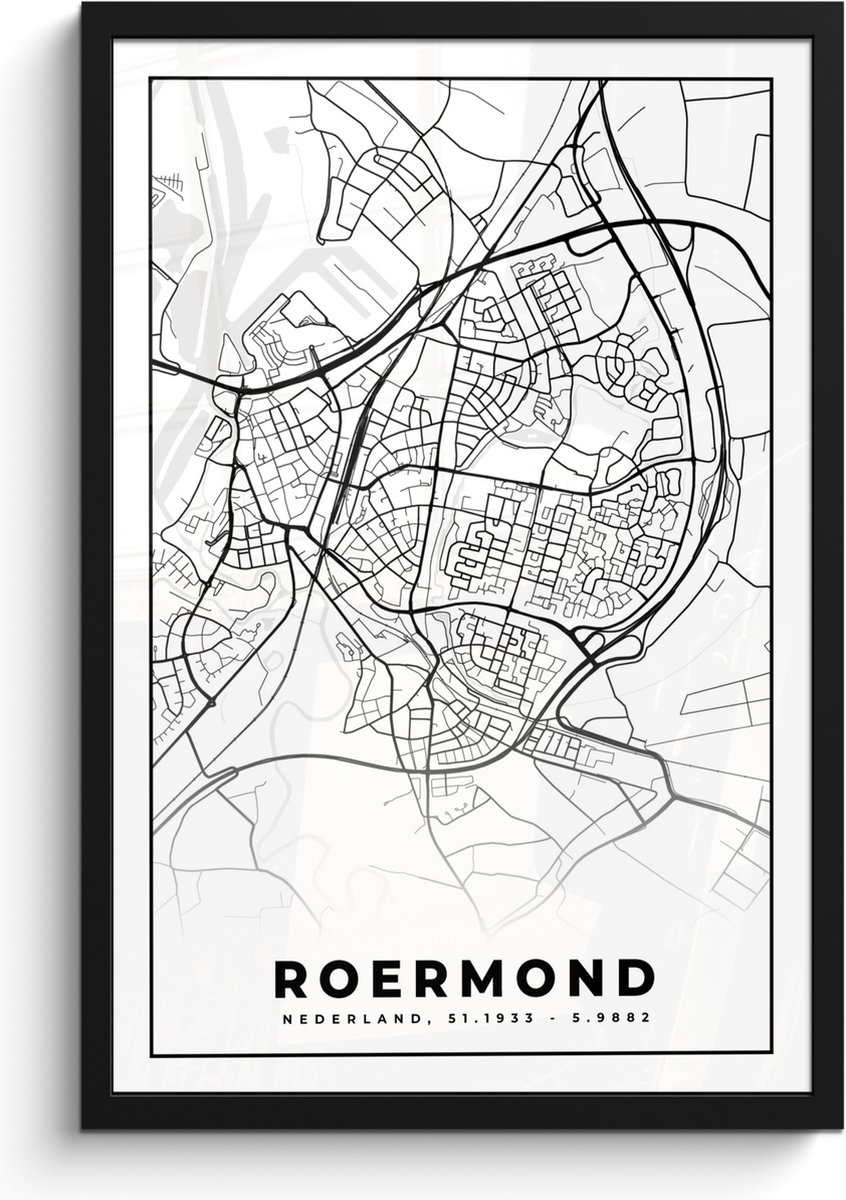 Poster in lijst - Fotolijst 40x60 cm - Posters - Kaart - Roermond - Zwart - Wit - Posterlijst zwart - Decoratie - Wanddecoratie woonkamer - Muurdecoratie slaapkamer