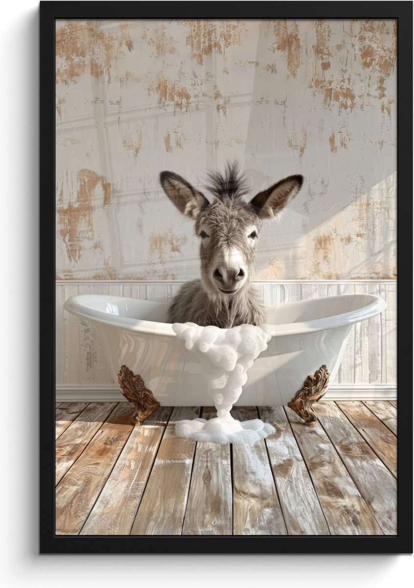 FrameYourWall Poster in lijst - Fotolijst 40x60 cm - Posters - Ezel - Dieren - Badkuip - Schuim - Posterlijst zwart - Wanddecoratie badkamer - Muurdecoratie WC - Decoratieve accessoires - Toilet muur decoratie Ezel - Badkuip