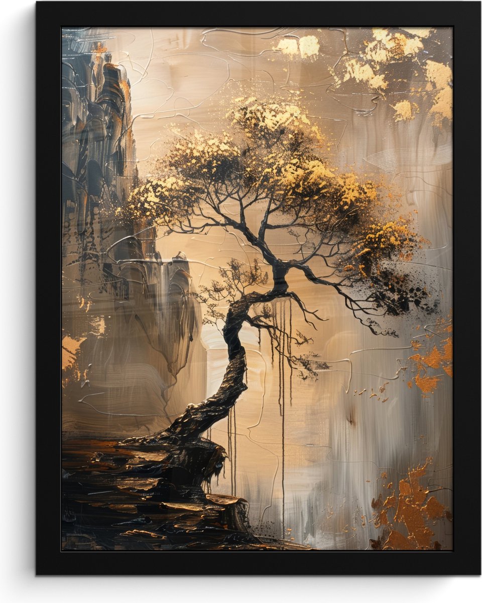 FrameYourWall Poster in lijst - Fotolijst 30x40 cm - Posters - Boom - Goud - Landschap - Verf - Posterlijst zwart - Decoratie - Wanddecoratie woonkamer - Muurdecoratie slaapkamer