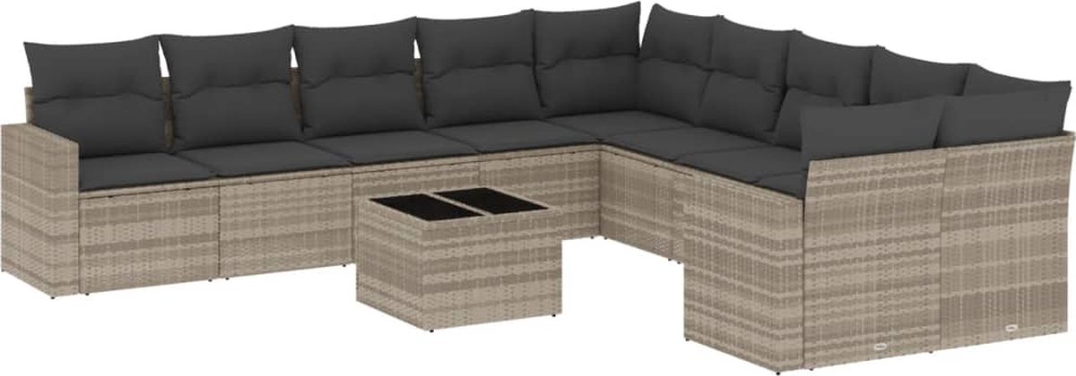 vidaXL 11-delige - Loungeset - met - kussens - poly - rattan - lichtgrijs