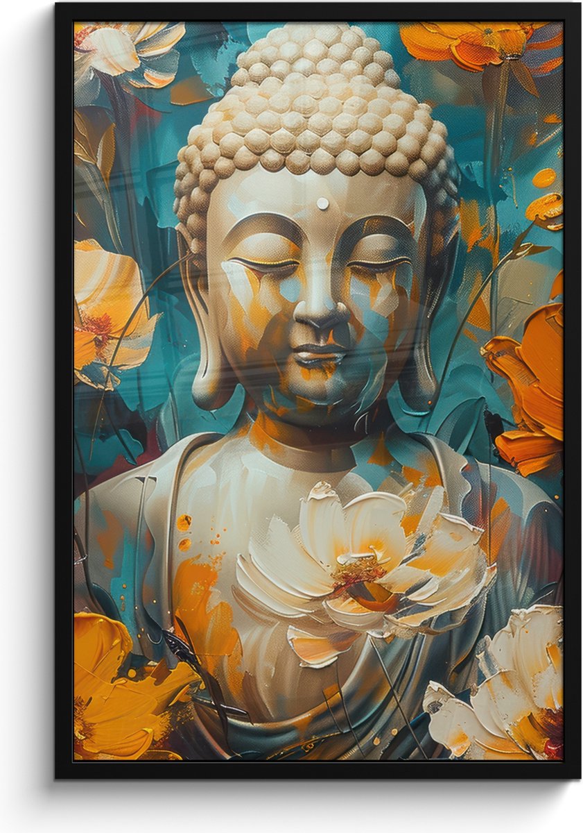 FrameYourWall Poster in lijst - Fotolijst 60x90 cm - Posters - Buddha - Bloemen - Kleurrijk - Modern - Posterlijst zwart - Decoratie - Wanddecoratie woonkamer - Muurdecoratie slaapkamer