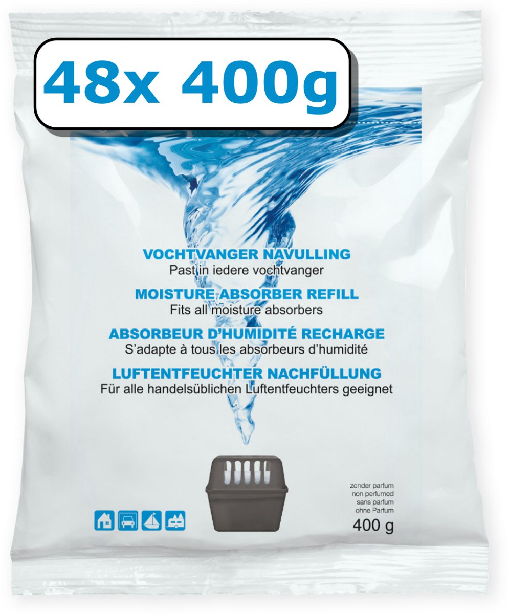 Vochtvanger navulling - 48 stuks - 400 gram - neutraal - universeel - voor vochtopnemers vanaf 400 gram