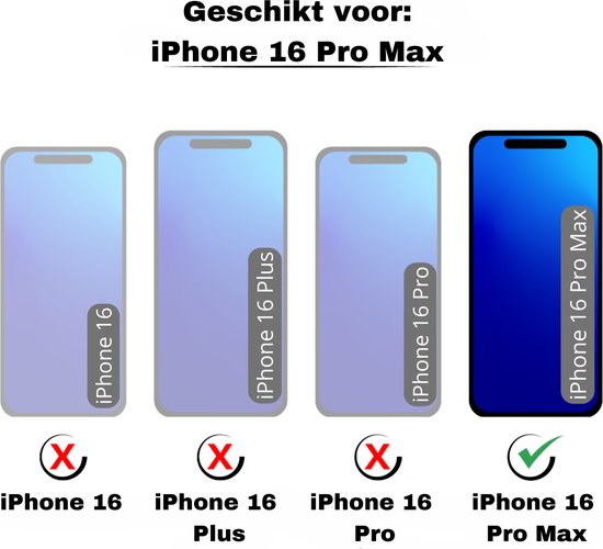 Illustration de téléphones compatibles avec l'iPhone 16 Pro Max, avec une coche pour le bon modèle. Texte : "Compatible avec : iPhone 16 Pro Max. iPhone 16. iPhone 16 Plus. iPhone 16 Pro. iPhone 16 Pro Max."