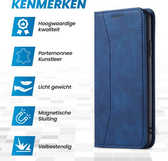 Étui portefeuille bleu en similicuir avec porte-cartes et fermeture magnétique.
