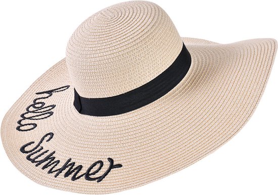 Decopatent - Chapeau de Soleil Femme - Hello Summer - Chapeau d'été - Chapeau de Paille UV - Chapeau de Plage à Large Bord - Chapeau pour Adultes - Couleur : Naturel