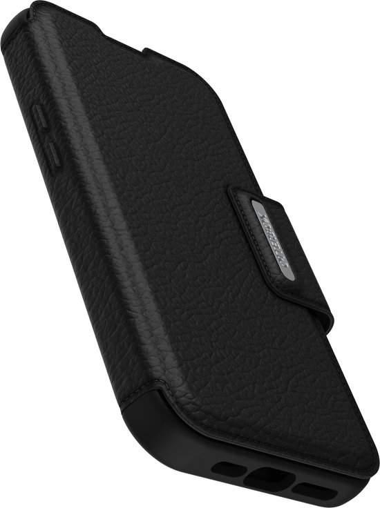 Zwart OtterBox Strada bookcase met leren textuur en gesp, van de zijkant gezien.