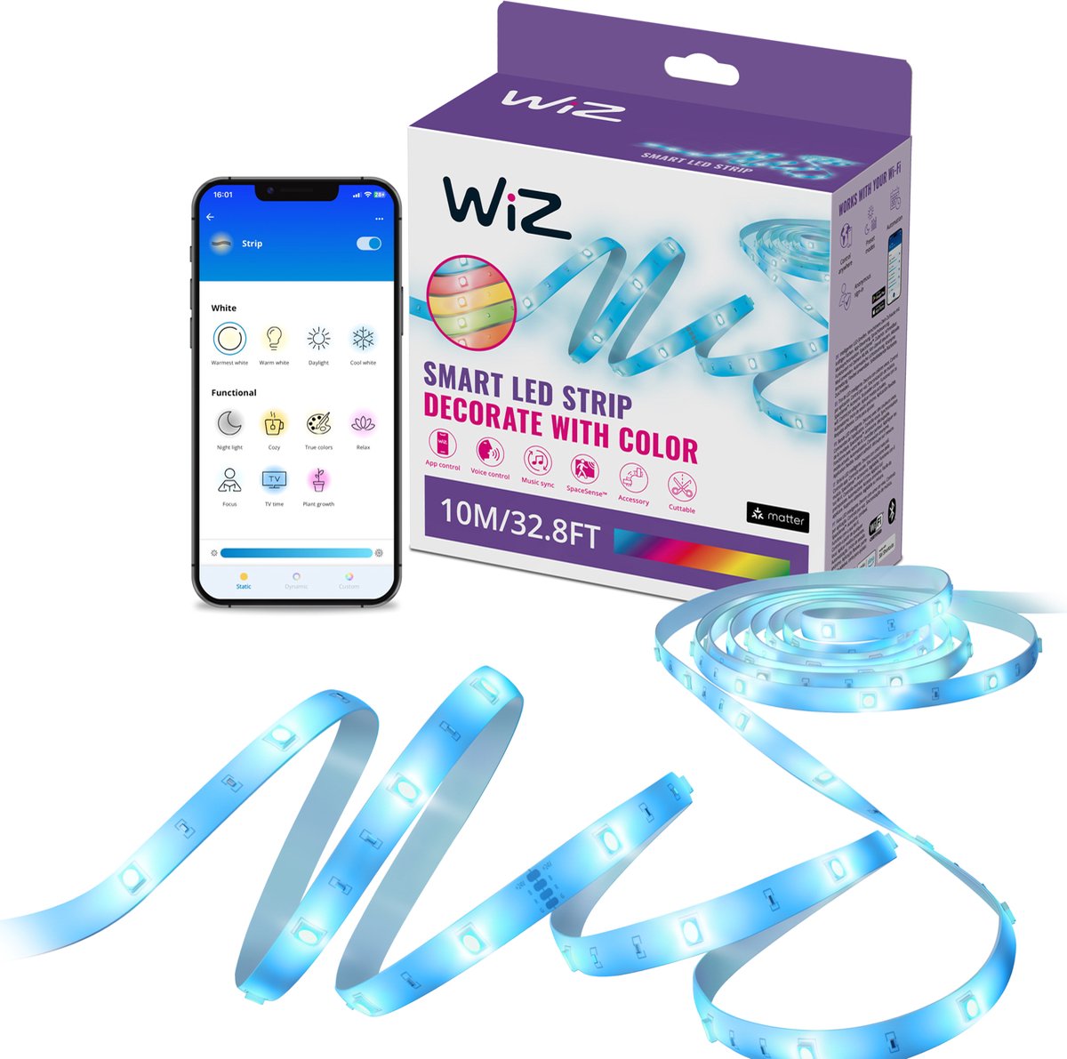 WiZ RGB LED strip - 10 meter - Makkelijke installatie - 16 Miljoen kleuren - Muzieksynchronisatie - RGB; één kleur tegelijk — afbeelding 1