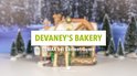 Lemax 'Devaney's Bakery' gebouw met tekst overlay in winterlandschap.