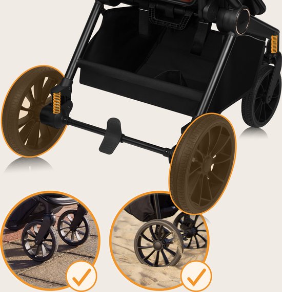 Details van de kinderwagenwielen: grote, bruine wielen en een close-up van kleinere, zwarte wielen op verschillende ondergronden.