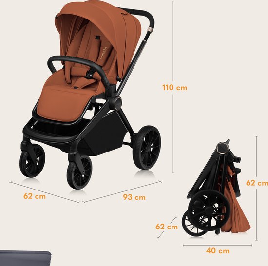 Afmetingen van de roestbruine kinderwagen met zitje, en van de opgevouwen kinderwagen.