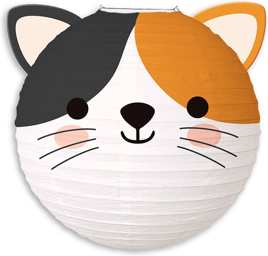 Wit papieren lampion in de vorm van een kattenkop met zwarte, oranje en witte vlekken en schattige details.