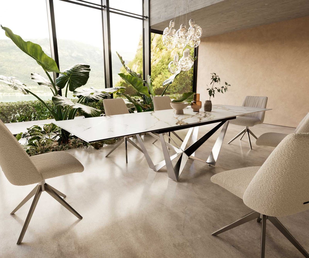 DELIFE Eetkamertafel Edge keramiek Calacatta Luxe wit-goud-grijs 200-300x100 spider vlak staal RVS uitschuifbaar Weiß-Gold-Grau