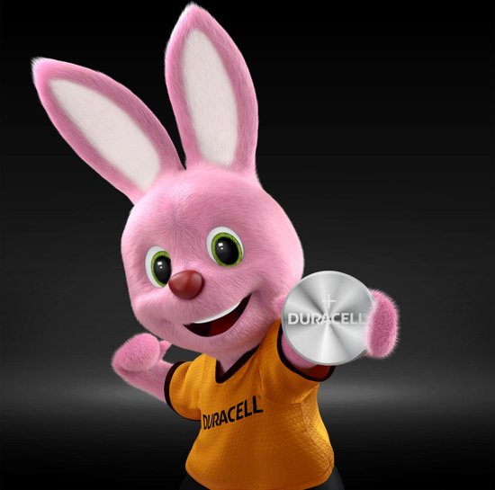 Roze Duracell konijn met een Duracell LR44 batterij.