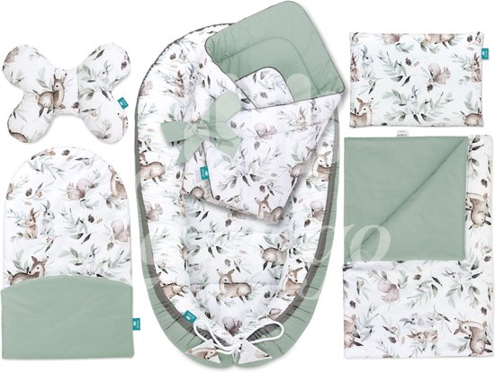 Foto: Lantigo babynest 100 katoen 6 delig set voor pasgeborenen incl kussen babydeken en ergonomisch babykussen green groove