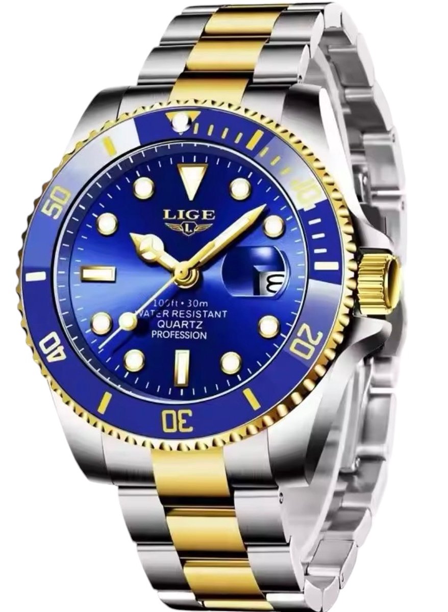 Lige - Herenhorloge - Mannen - Zilveren Polsband - Zilver, Goud en Blauw - Horlogedoos