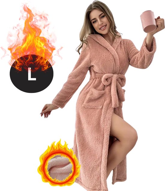 Nivard Badjas Dames - Fleece - Katoen - Badstof - Sauna - Hamam - Wafel - Bathrobe - Duster - Ochtendjas - Kimono - Perzik L