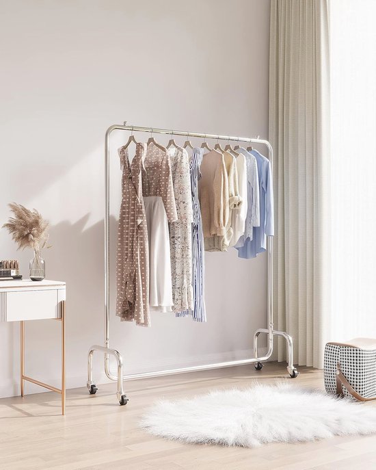 HOMCOM Kleiderständer auf Rollen, Bambus-Garderobe, integrierter Doppelbügel, 47 x 33,7 x 105,5