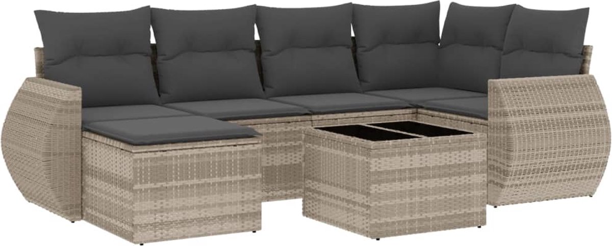 vidaXL 7-delige - Loungeset - met - kussens - poly - rattan - lichtgrijs