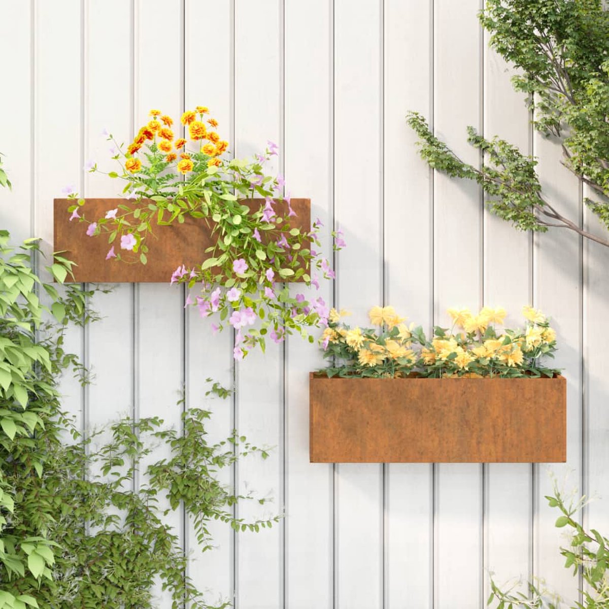 VidaXL Muur Plantenbak - Muur Plantenbakken - Muur Plantenbak Voor De Tuin Hangende Plantenbak Aan Muur Plantenbakken Wandmontage 2 St 46x10x40 Cm Cortenstaal Roestig