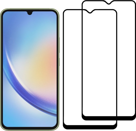 Twee gehard glazen screenprotectors met zwarte randen naast een smartphone met groene rand.