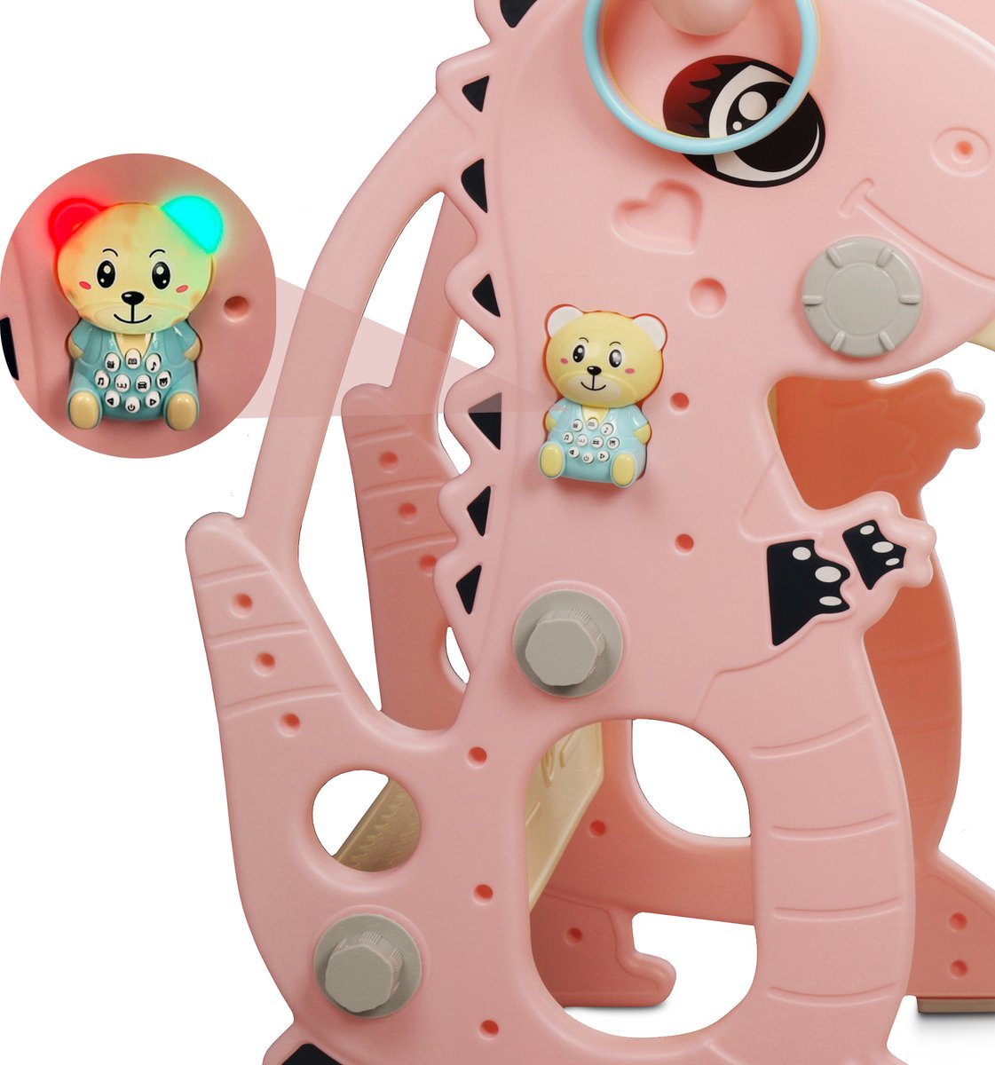 Rockerz Premium Glijbaan - Voor binnen en buiten - Speelplezier gegarandeerd - Opvouwbaar - Veilige dichte trap - Ringen spel - Basketbal ring (inclusief bal) - Muziek beertje - Kleur: Roze — afbeelding 10