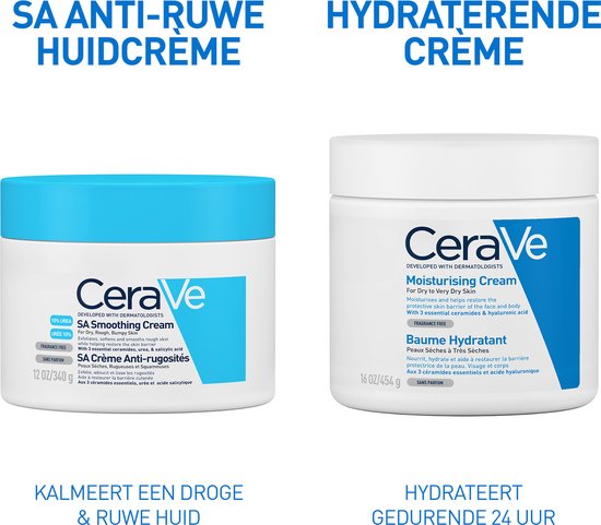 CeraVe SA gladmakende crème en CeraVe hydraterende crème, voor kalmeren en hydrateren van droge huid.