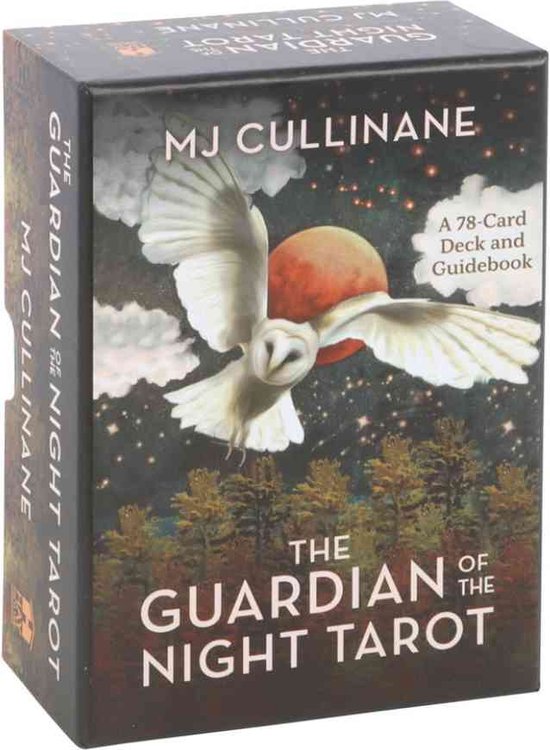 Doos van The Guardian of the Night Tarot met een witte uil voor een bloedmaan, 'MJ CULLINANE' en 'THE GUARDIAN OF THE NIGHT TAROT'.