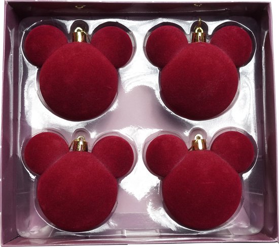Quatre boules de Noël Mickey Mouse rouges dans un emballage transparent.