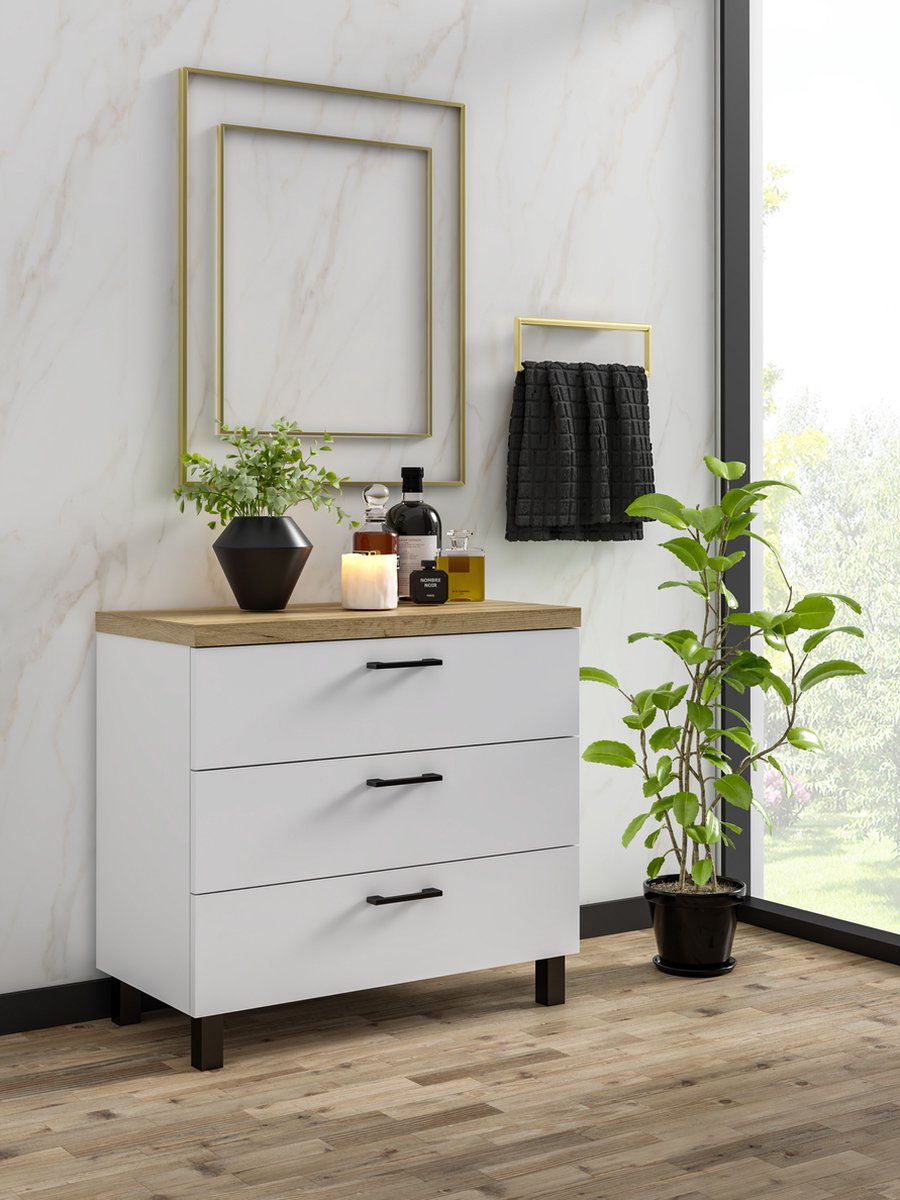 Promeubels Pro-meubels - Ladekast Novara - Wit - Eiken - 60cm - Opbergkast - 3 lades - Commode