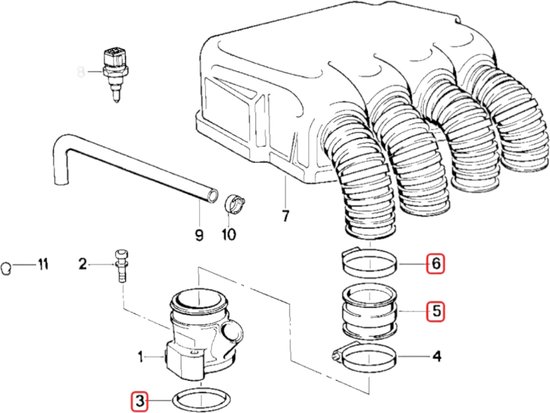 Dessin technique d'un kit d'admission avec les pièces numérotées de 1 à 11. Comprend des tuyaux, des colliers et un capteur.