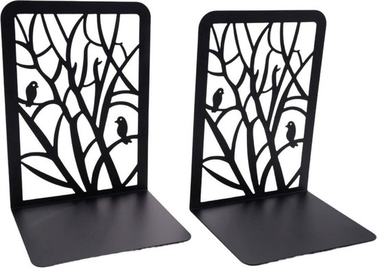 1 paar boekensteunen, metalen boekensteunen, boekenorganizer, antislip, krasbestendig, roestvrij boekensteunen, uniek ontwerp, geschikt voor kinderen, volwassenen voor gebruik thuis, op kantoor, in de bibliotheek - zwarte boom en vogel