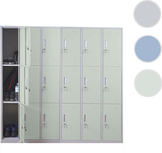 Groene metalen locker, 16 vakken, één deur open met schoenen en tas.