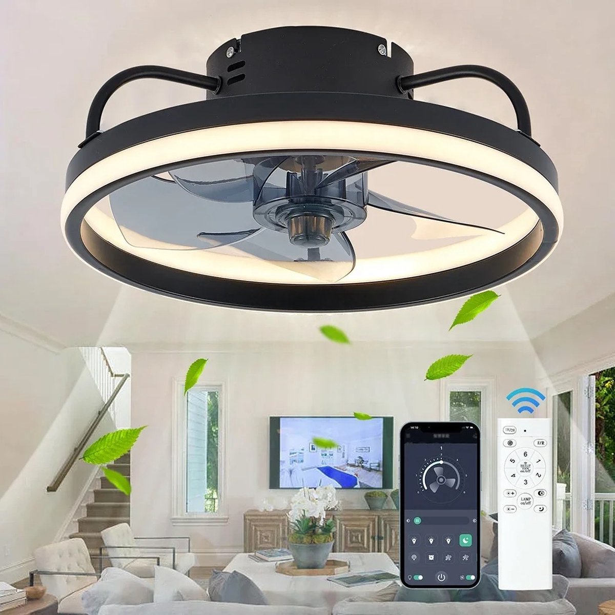 Zwarte Plafondventilator met Verlichting - Ventilator Lamp Plafond - Kroonluchter Ventilator - LED lamp - Stille ventilator - Afstandsbediening - Dimbaar - Woonkamer Lamp - Ventilator Lampen - Slaapkamer lamp - Eetkamerlamp thumbnail 8