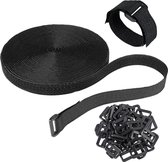 10m Klittenband met 50 gesp, vrije snijlengte, klittenband roll 2 cm breed, herbruikbare kabelbinders, zwart, kabelklittenband, voor thuis, kantoor en tuin