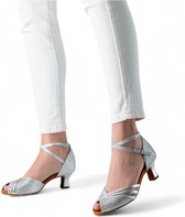 Anna Kern Christelle Dames Dansschoenen met Open Neus in Zilver Brokaat - 5 cm Flare Hak - Verstelbare bandjes - Salsa, Bachata, Latin dansstijlen - ANNA KERN - Zilver - 36