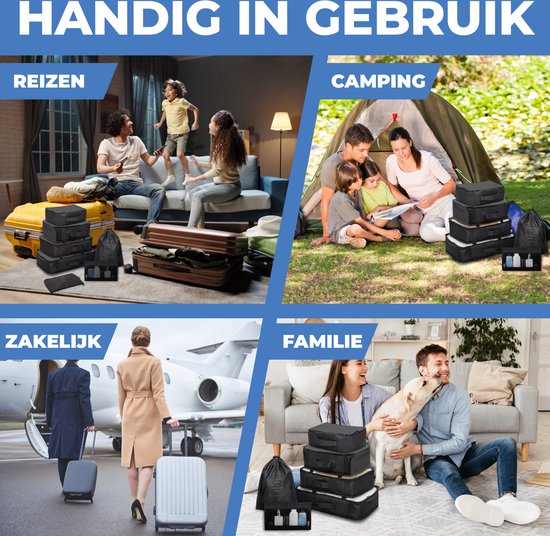 Collage van mensen die packing cubes gebruiken voor reizen, kamperen, zakenreizen en familievakanties.