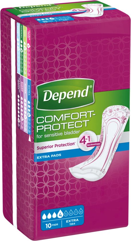 Depend Comfort-Protect pads voor gevoelige blaas, 10 extra pads. Roze verpakking met cirkelpatroon.