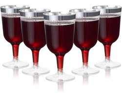 MATANA - 24 Herbruikbare Plastic Wijnglazen 170ml - met Zilveren Rand