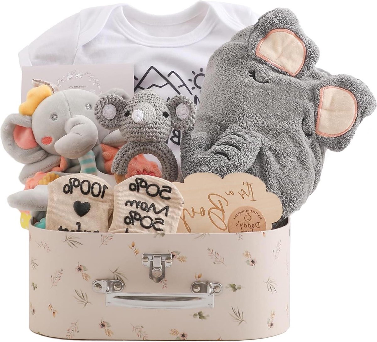 Goedkoopste Baby Cadeau Set Pasgeboren - Geboorte Baby Art Bathing Handdoek Mijlpaal Babydeken Romper Socks Baby Wood Gehecht Grenzende Rammelaarspeelgoed (Voor Jongen）