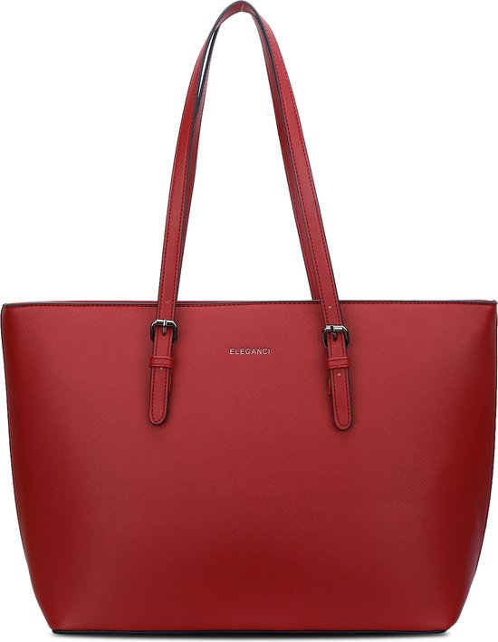 Een rode shopper van Eleganci met twee platte hengsels en gespdetails. De tas staat op een witte achtergrond.