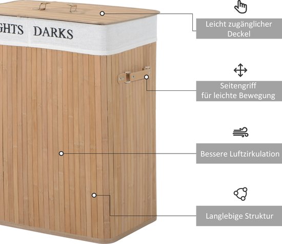 HOMCOM Panier à linge en bambou avec cloison 100L 52 x 32 x 63cm