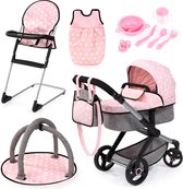 Bol.com XEO poppenwagenset met tas kinderstoel slaapzak speelboog poppenaccessoires in roze/grijs aanbieding