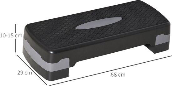 Zwarte step, 68 cm lang, 29 cm breed en 10-15 cm hoog, met indicatie van afmetingen.