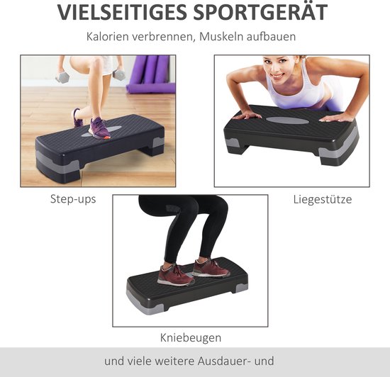 Drie afbeeldingen tonen oefeningen op een zwarte step: step-ups, lig-steunen en kniebuigen.