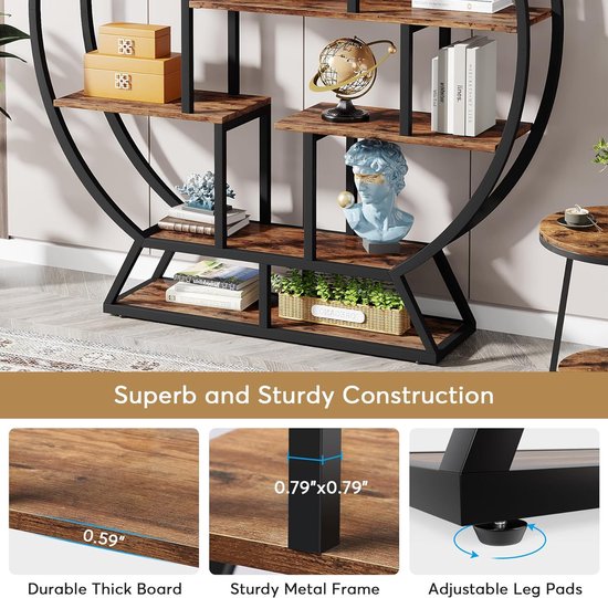 TRIBESIGNS - Bibliothèque - Bibliothèque ronde avec 5 Planches - Industriel - Aggloméré - Marron/ Zwart - 150 x 30 x 160 cm