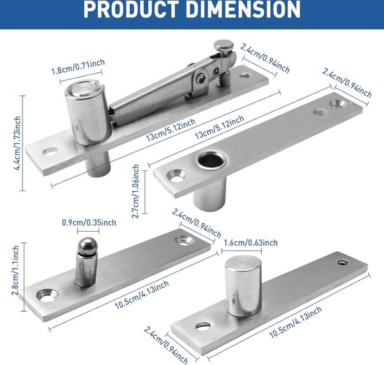 Charnières de porte Charnières robustes pour portes en bois Axe à 360 degrés Système de charnières en acier inoxydable (128*23*43mm et 100*23*43mm)