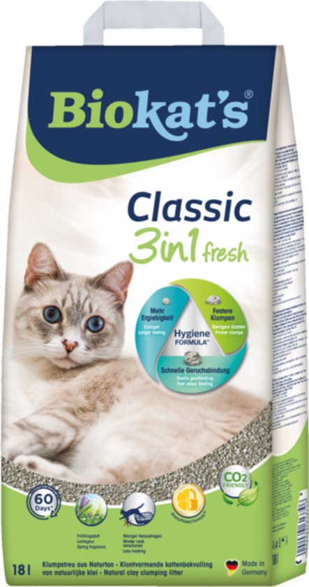 Zak Biokat's Classic 3in1 Fresh kattenbakvulling met een kat met blauwe ogen en de geur van lente.