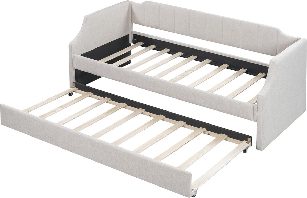 Volwassen bed 90x200 cm gestoffeerd bed met drie lades Eenpersoonsbed beige linnen