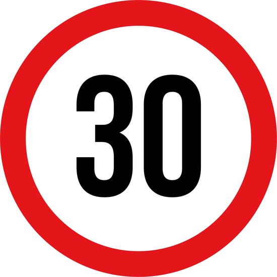 Ronde sticker met een rode cirkel en het getal 30 in zwart.