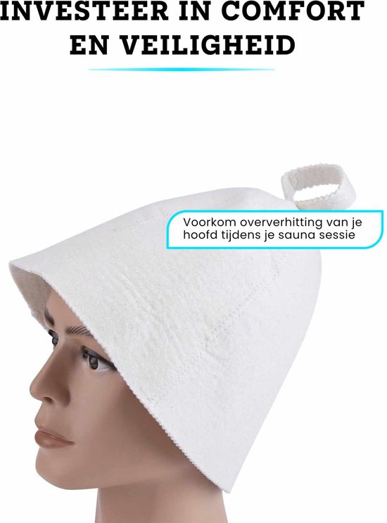 Witte vilten saunahoed op een mannequin, tekst 'Voorkom oververhitting'.